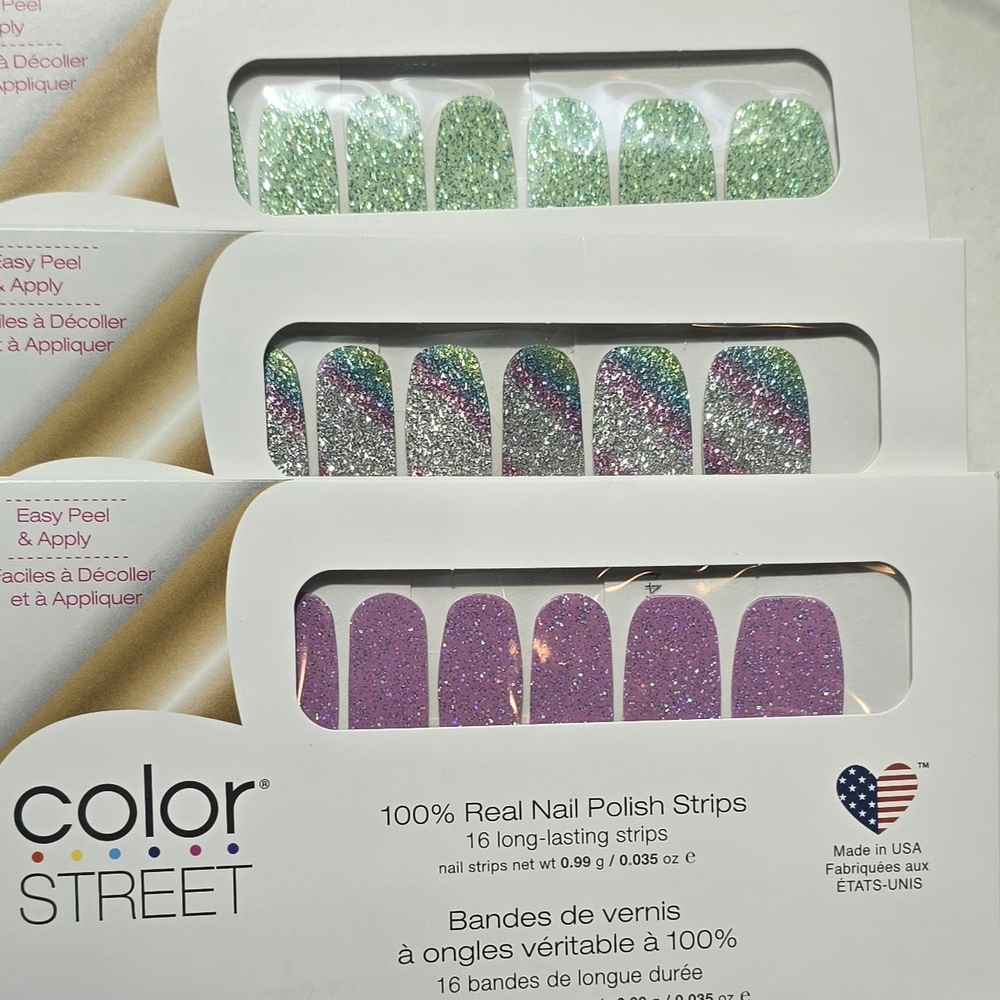 Color Street Sparkling Green, Silver, and Purple Nail Strips